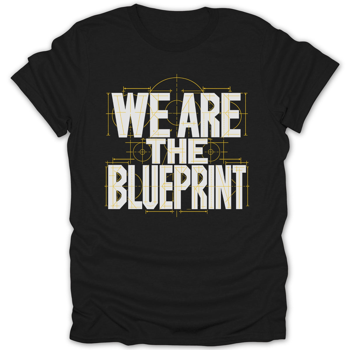 Black t-shirt with white text "WE ARE THE BLUEPRINT" in blueprint style.