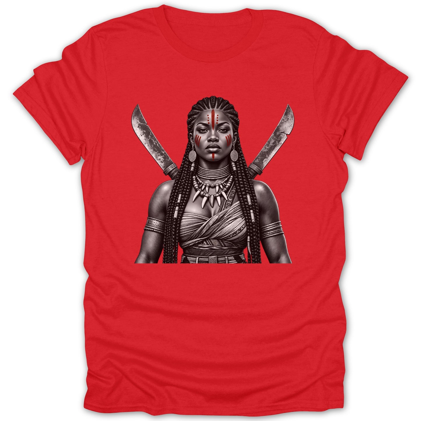 Red t-shirt with graphic of a warrior woman with crossed swords.