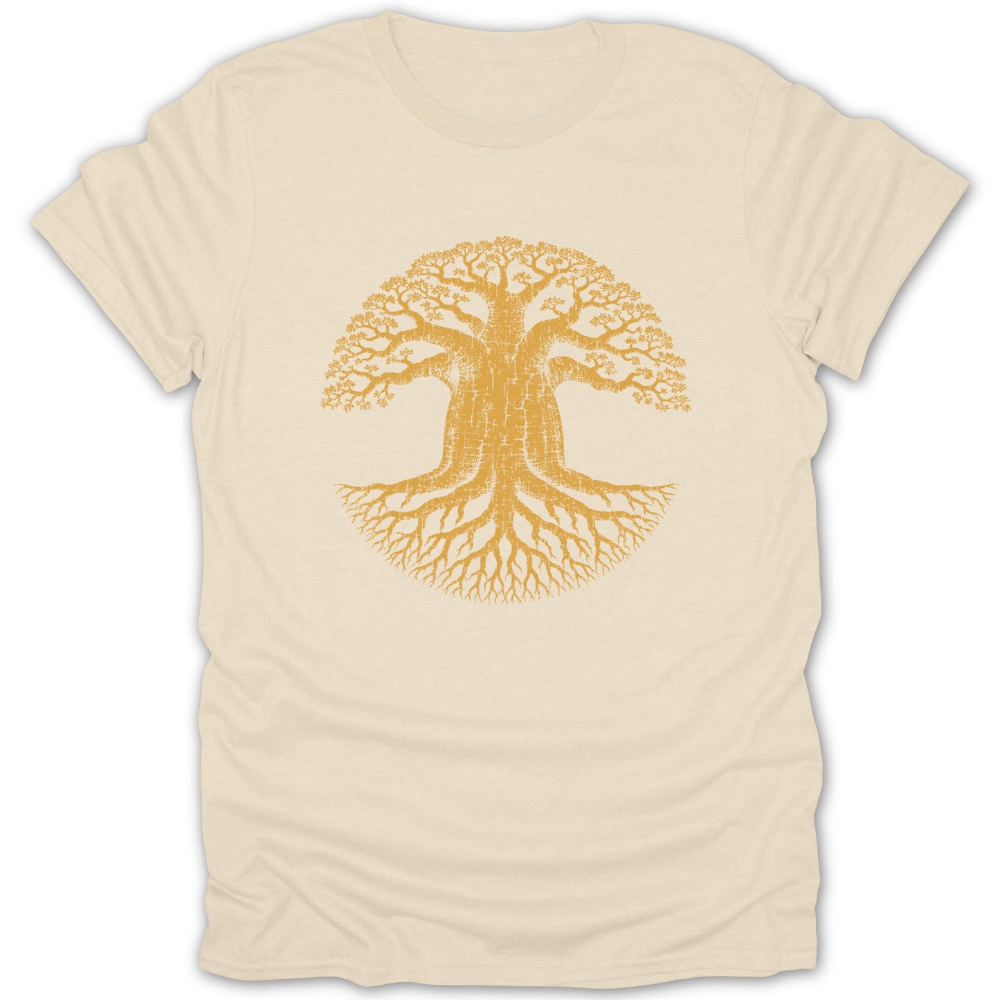 Beige t-shirt with a yellow distressed baobab tree graphic and roots.