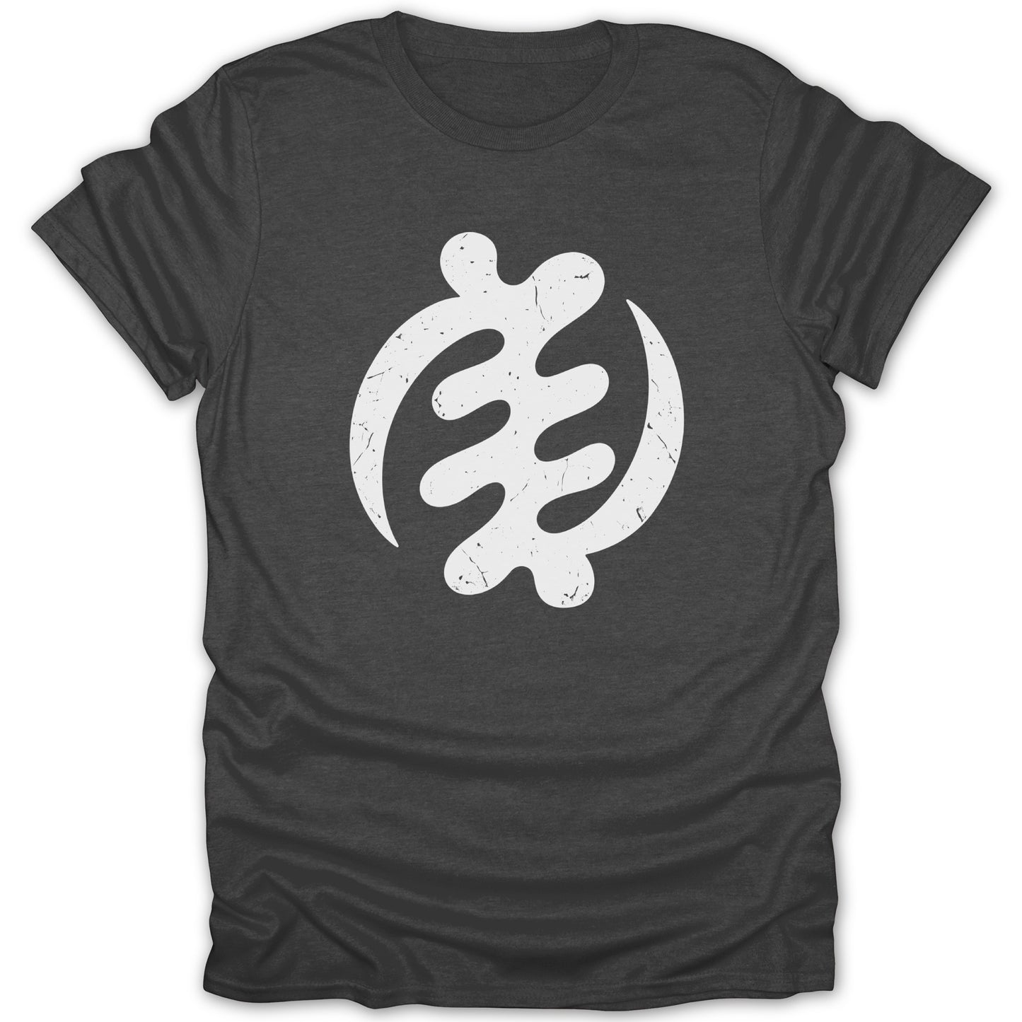 Dark grey t-shirt with a distressed white Sankofa symbol printed on the chest.