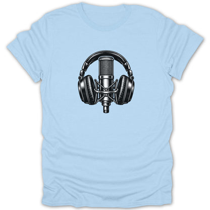 Black and white illustration of a studio microphone with headphones on a light blue t-shirt.