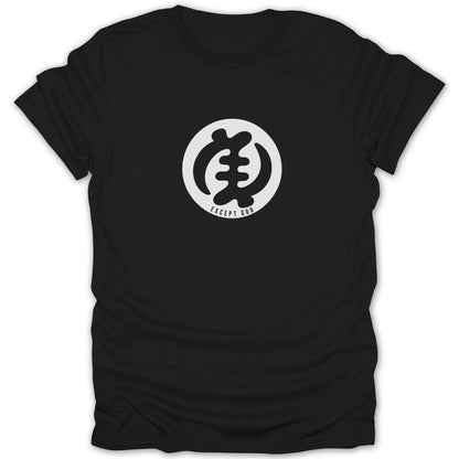 Black t-shirt featuring a white roundel with a black Gye Nyame symbol and the text Except God.