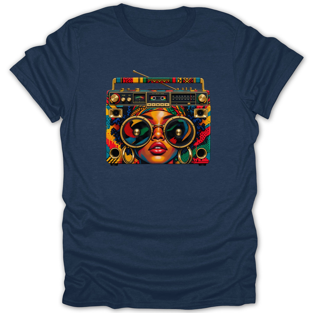 Woman with sunglasses and boombox graphic on navy t-shirt.