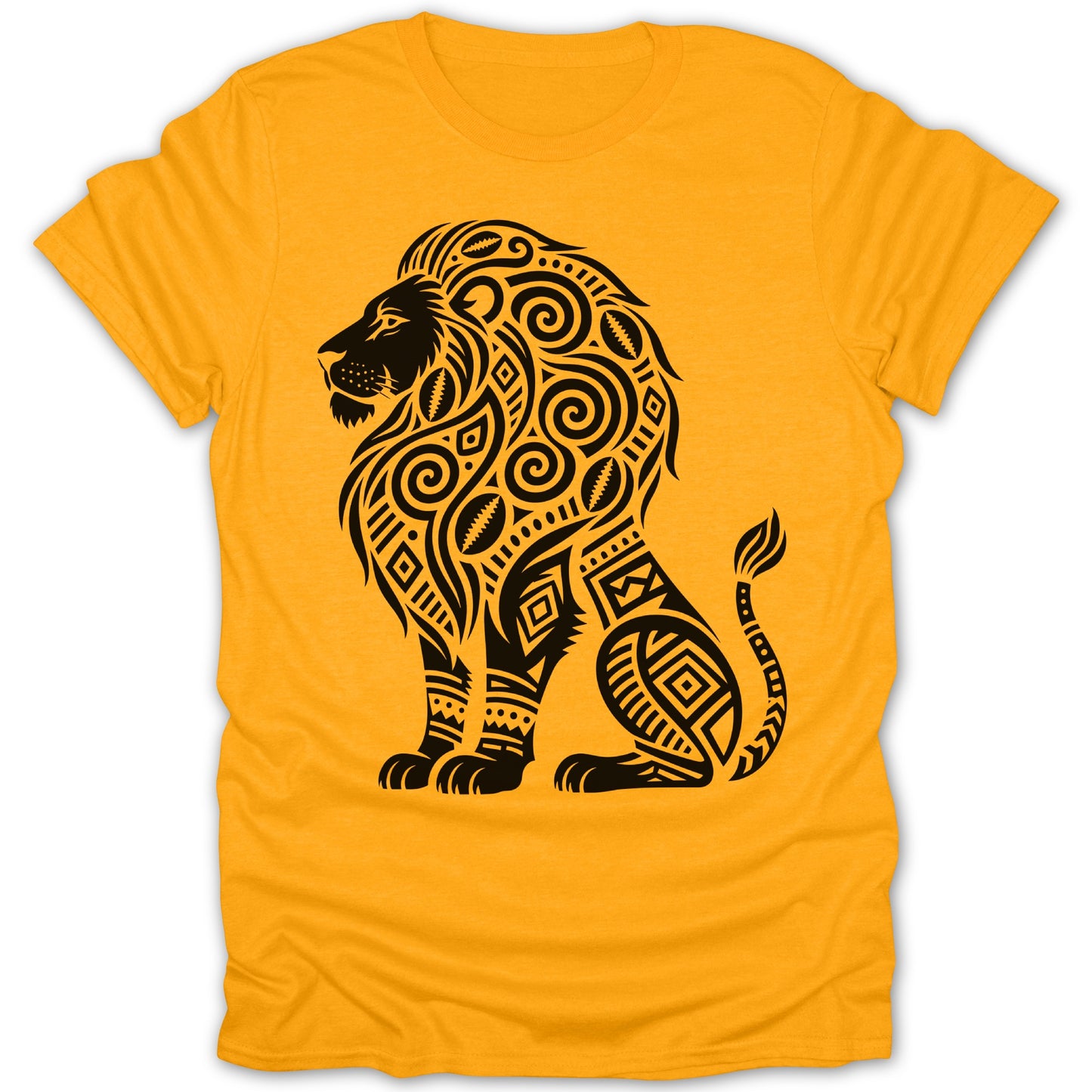 Orange t-shirt with a black tribal lion design.