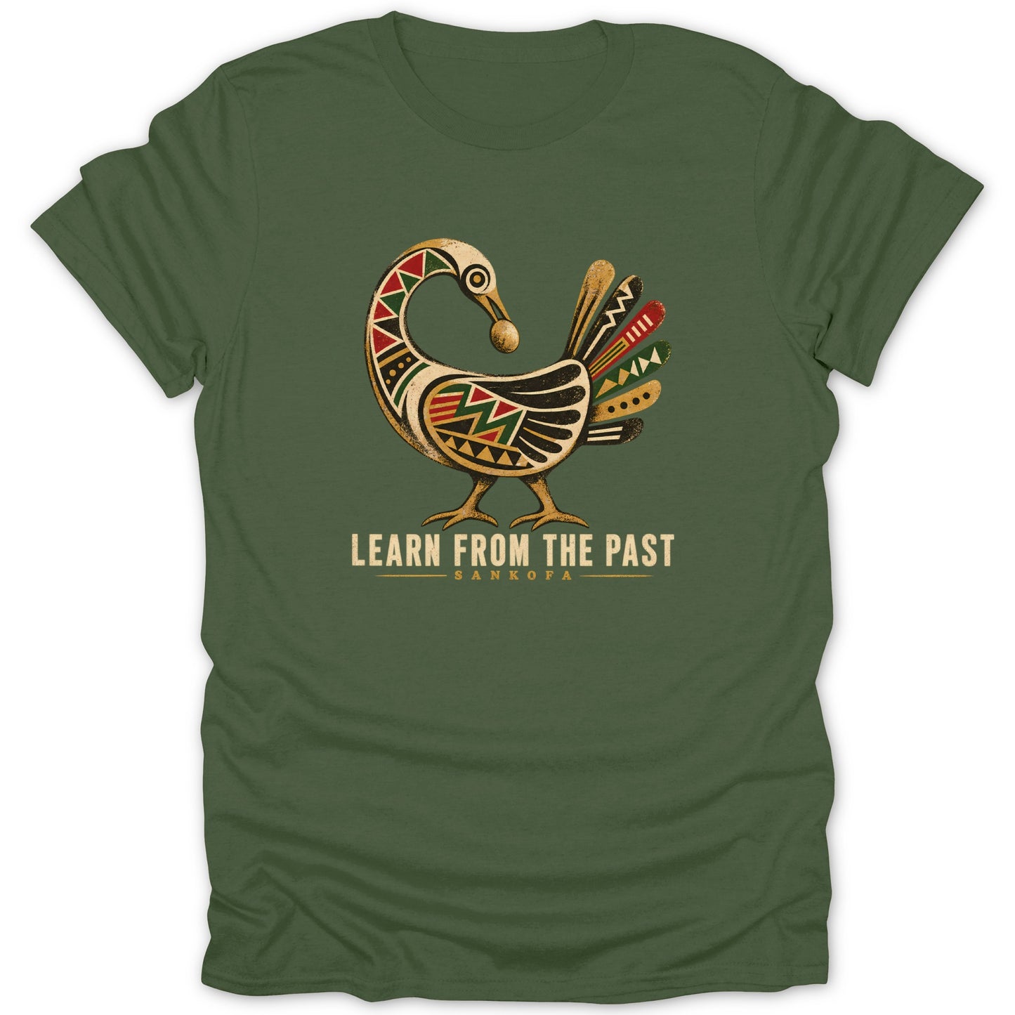 Green t-shirt with a colorful Sankofa bird graphic and text "Learn From The Past".