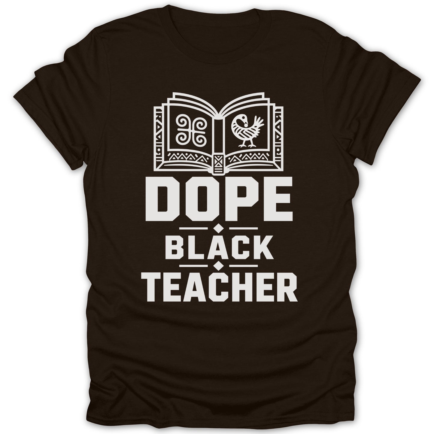 Black t-shirt with white text "DOPE BLACK TEACHER" and book and bird graphic.