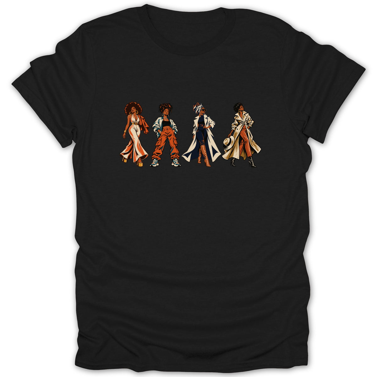 Four stylish Black women depicted in a graphic art style on a black t-shirt.