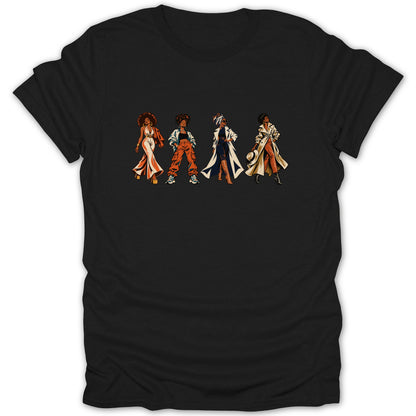 Four stylish Black women depicted in a graphic art style on a black t-shirt.