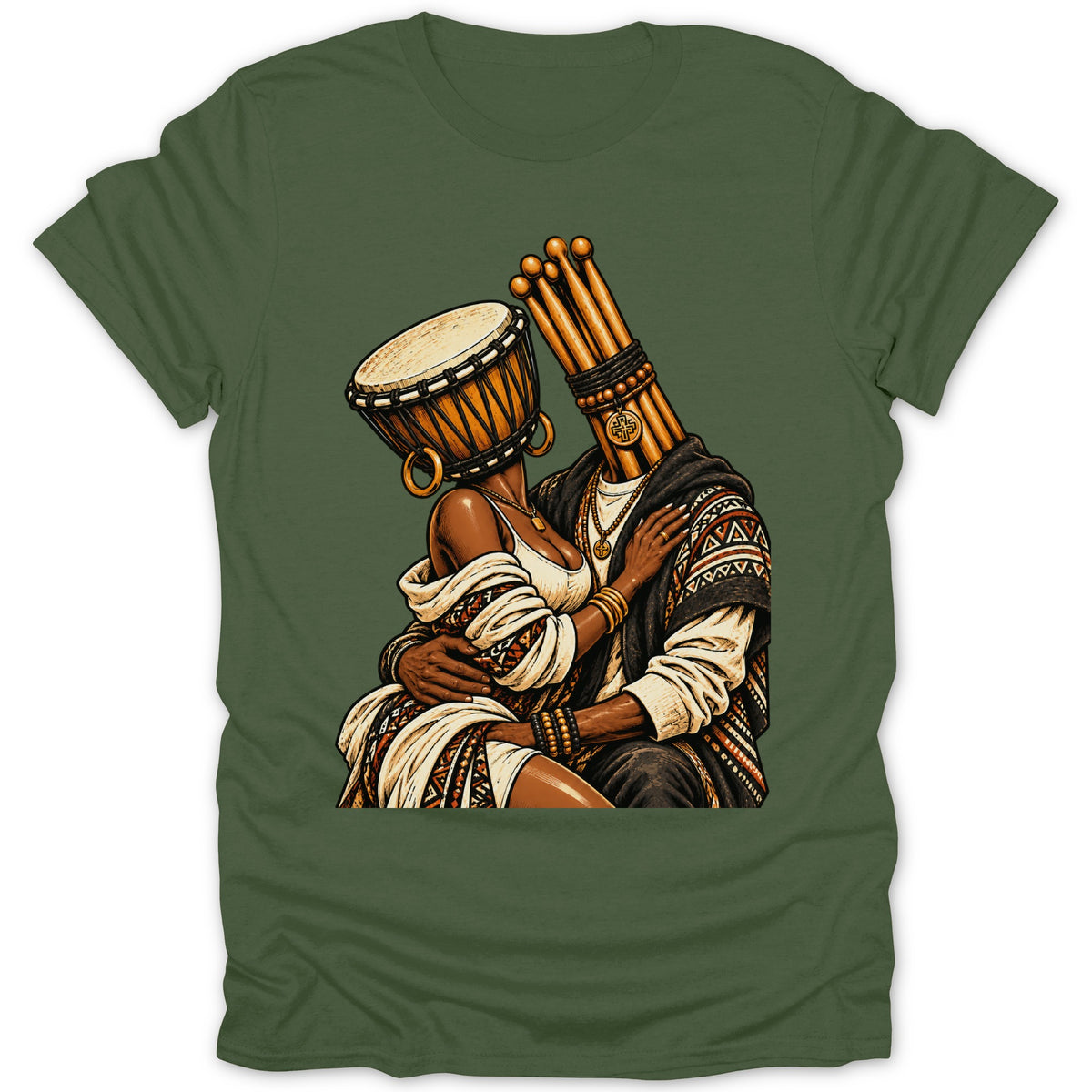Couple embracing, one with a drum for a head, the other with drumsticks.