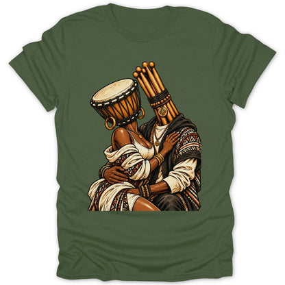 Couple embracing, one with a drum for a head, the other with drumsticks.