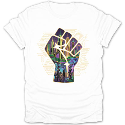 Futuristic City and Fist Design Graphic Tee product