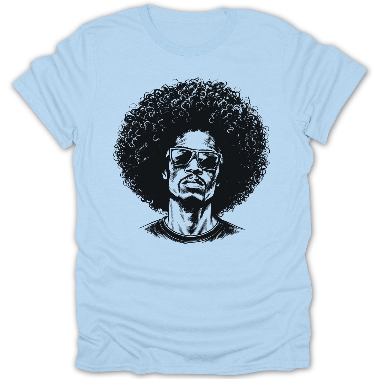 Light blue t-shirt with a black and white sketch of a man with large afro and sunglasses.