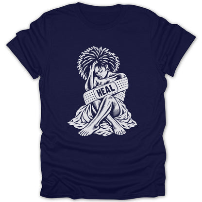 Illustration of a seated woman with arms wrapped by a band-aid labeled "HEAL".