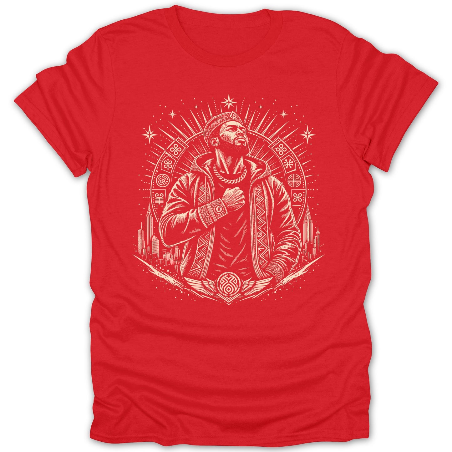 Red t-shirt with white graphic of a man with ornate collar and circular emblem.