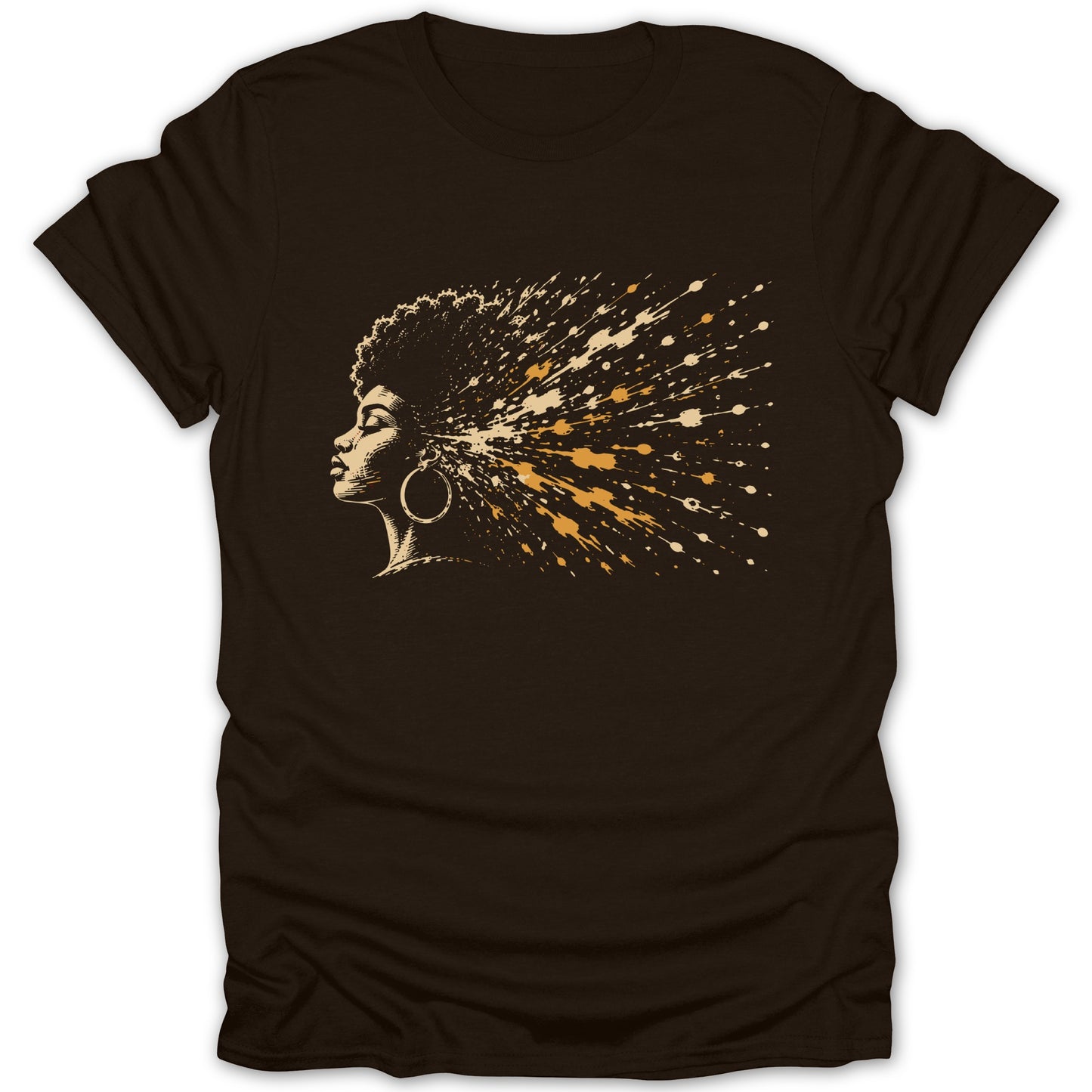 Brown t-shirt with a profile illustration of a Black woman's head with exploding hair.
