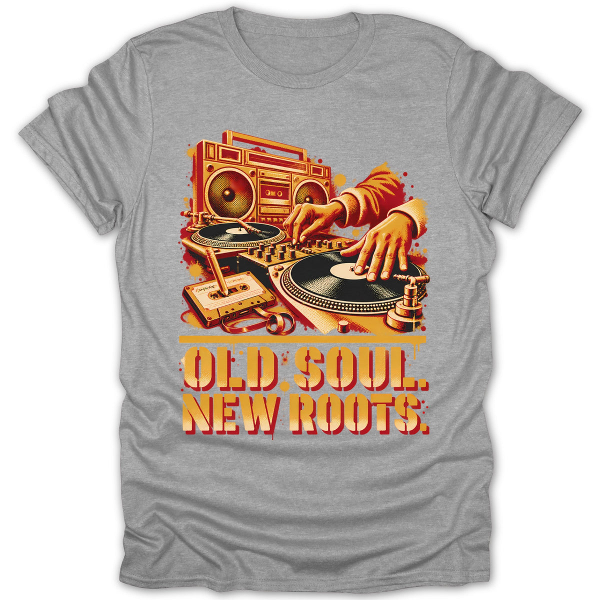 Heather gray t-shirt featuring a retro music graphic with a DJ mixer, boombox, and text reading OLD SOUL NEW ROOTS.