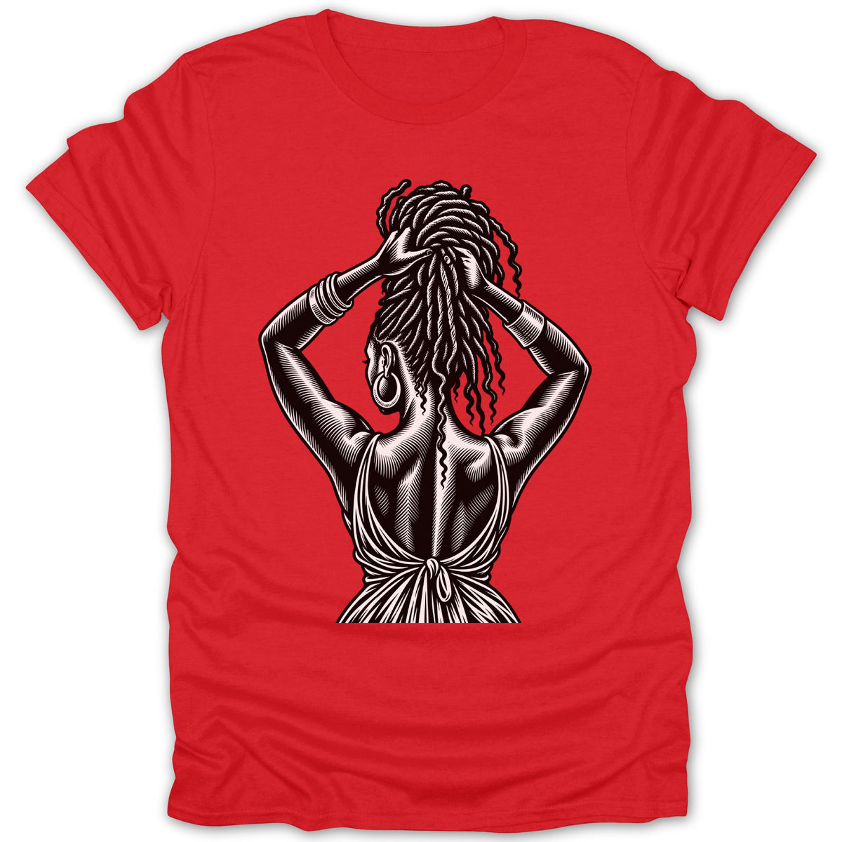 Black and white illustration of a woman with dreadlocks on a red t-shirt.