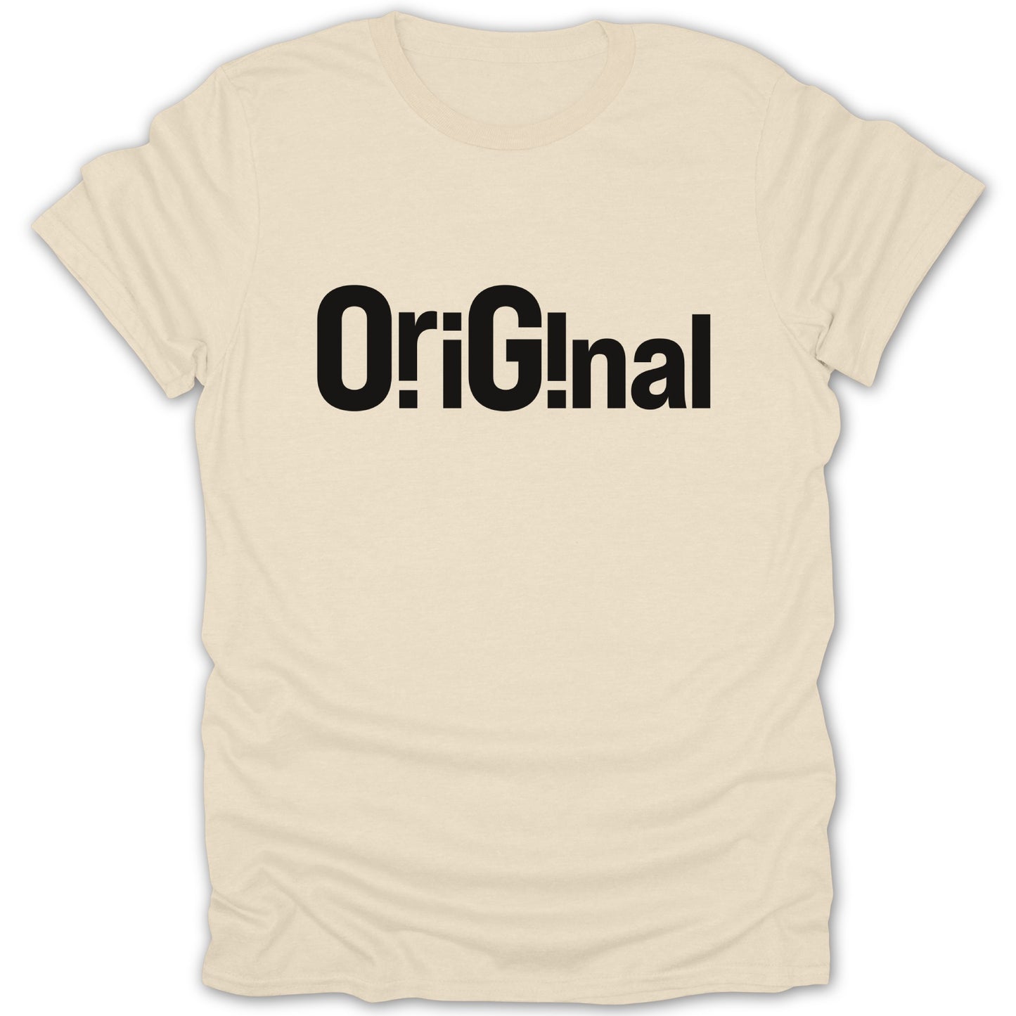 Cream t-shirt with black bold text "OriG!nal" across the chest