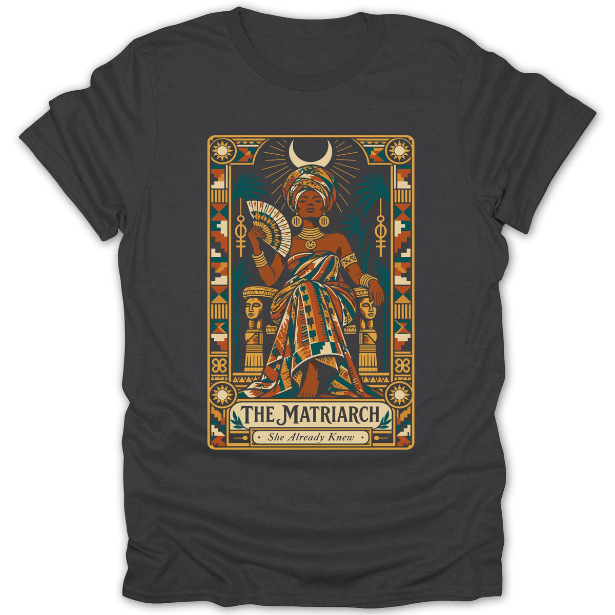 "The Matriarch" text design with a regal woman holding a fan and moon symbol.