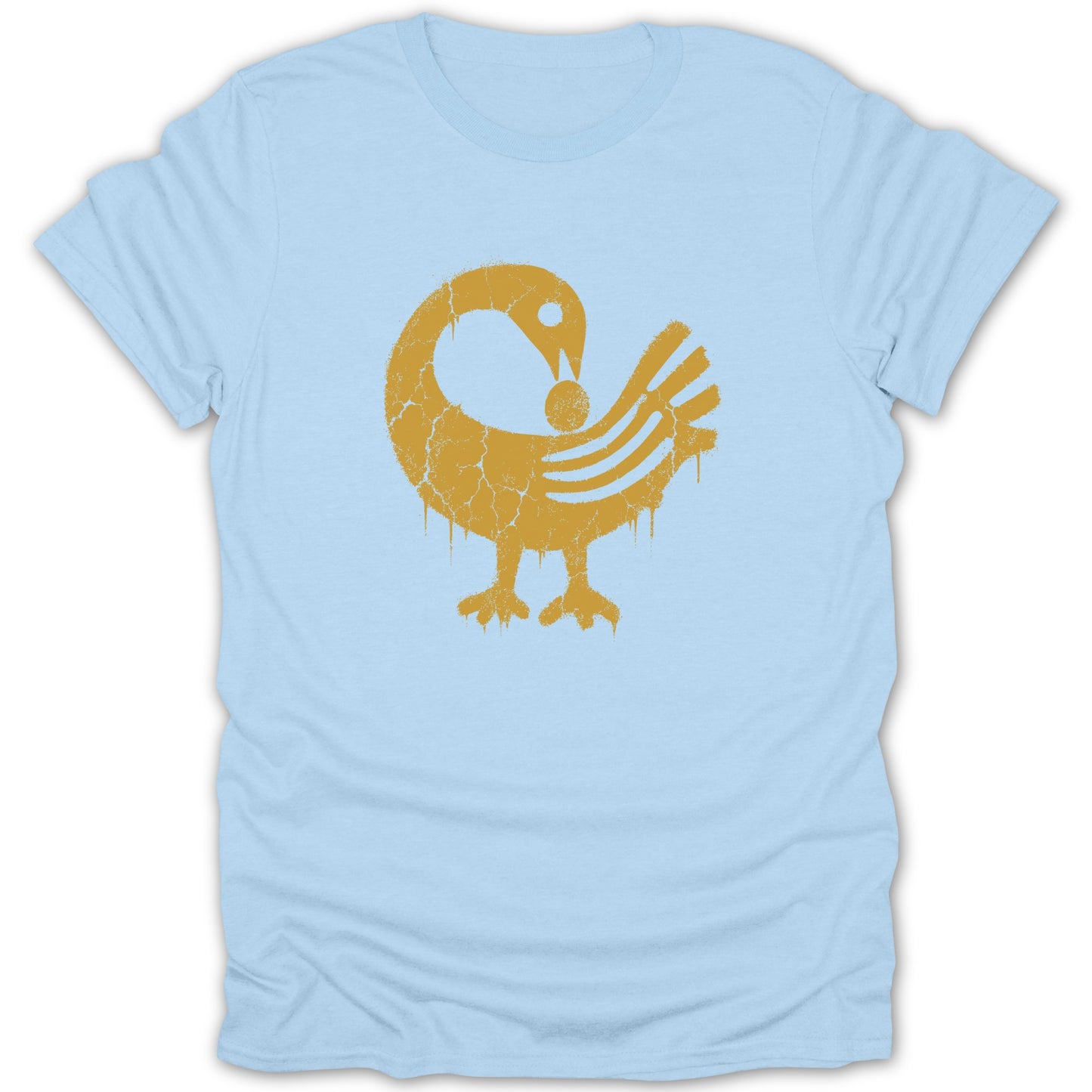 Light blue t-shirt with distressed gold bird and egg graphic.