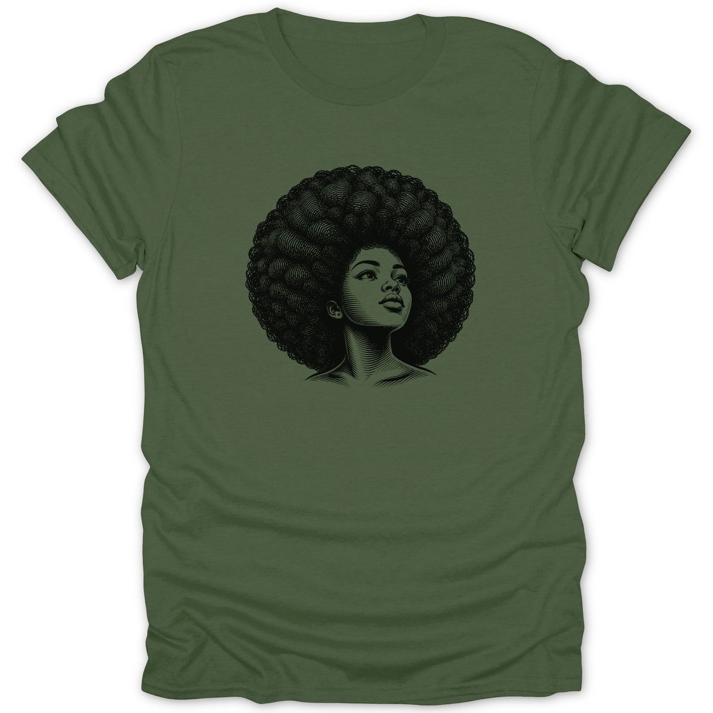 Line art portrait of a woman with a large afro looking upwards.