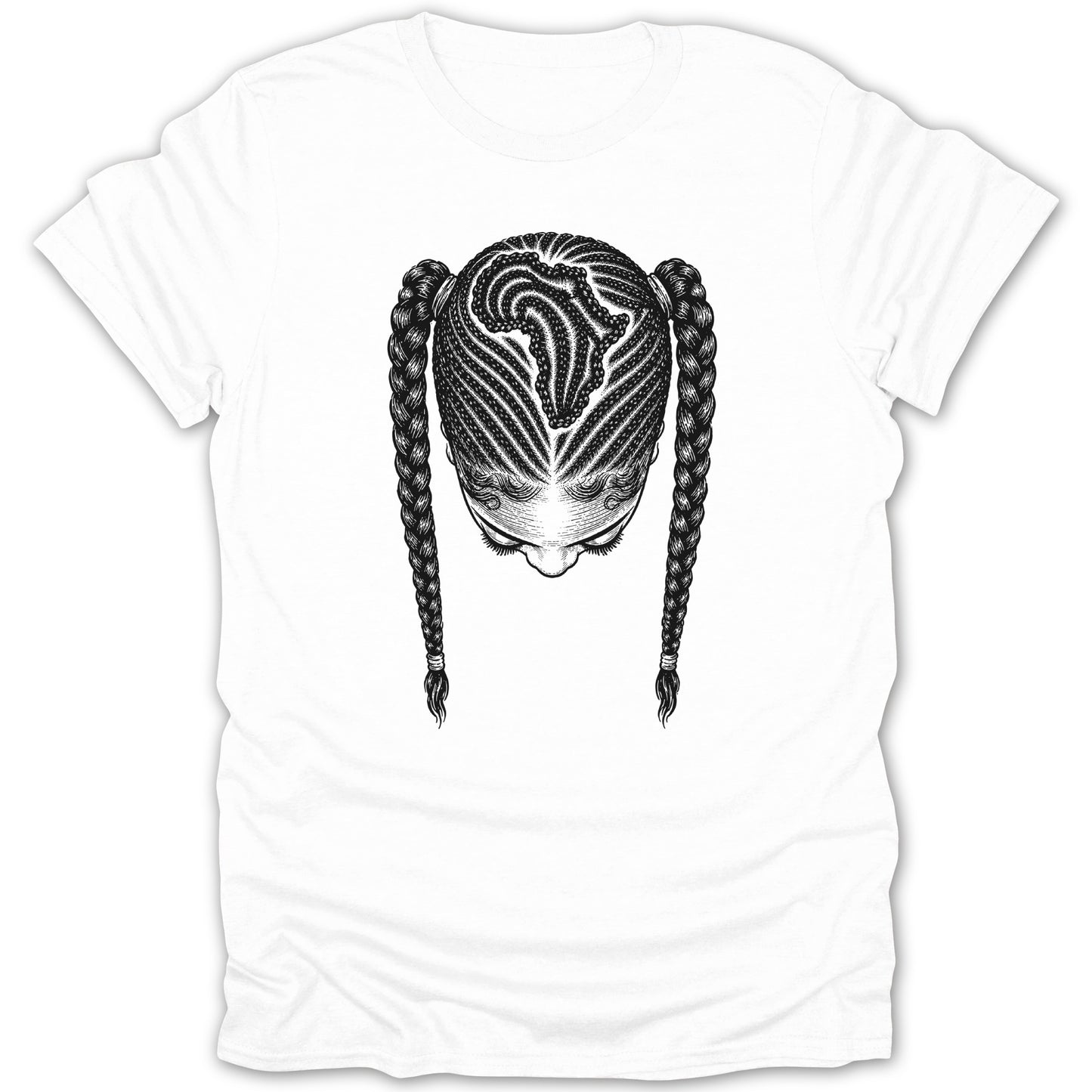 White t-shirt with black graphic of woman's head with braided pigtails.