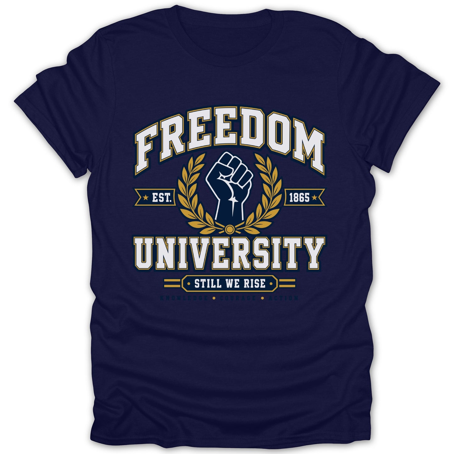 Dark blue t-shirt with "Freedom University" text, a raised fist, and laurel wreath design.