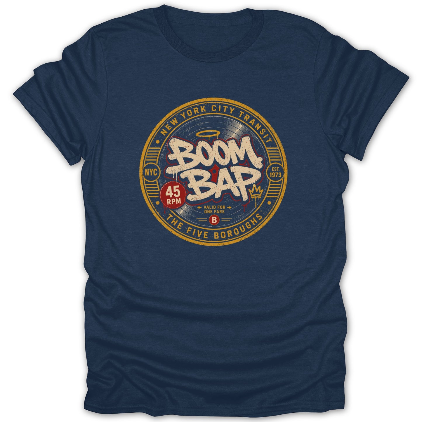 Navy t-shirt with vintage "Boom Bap" vinyl record design, NYC Transit.