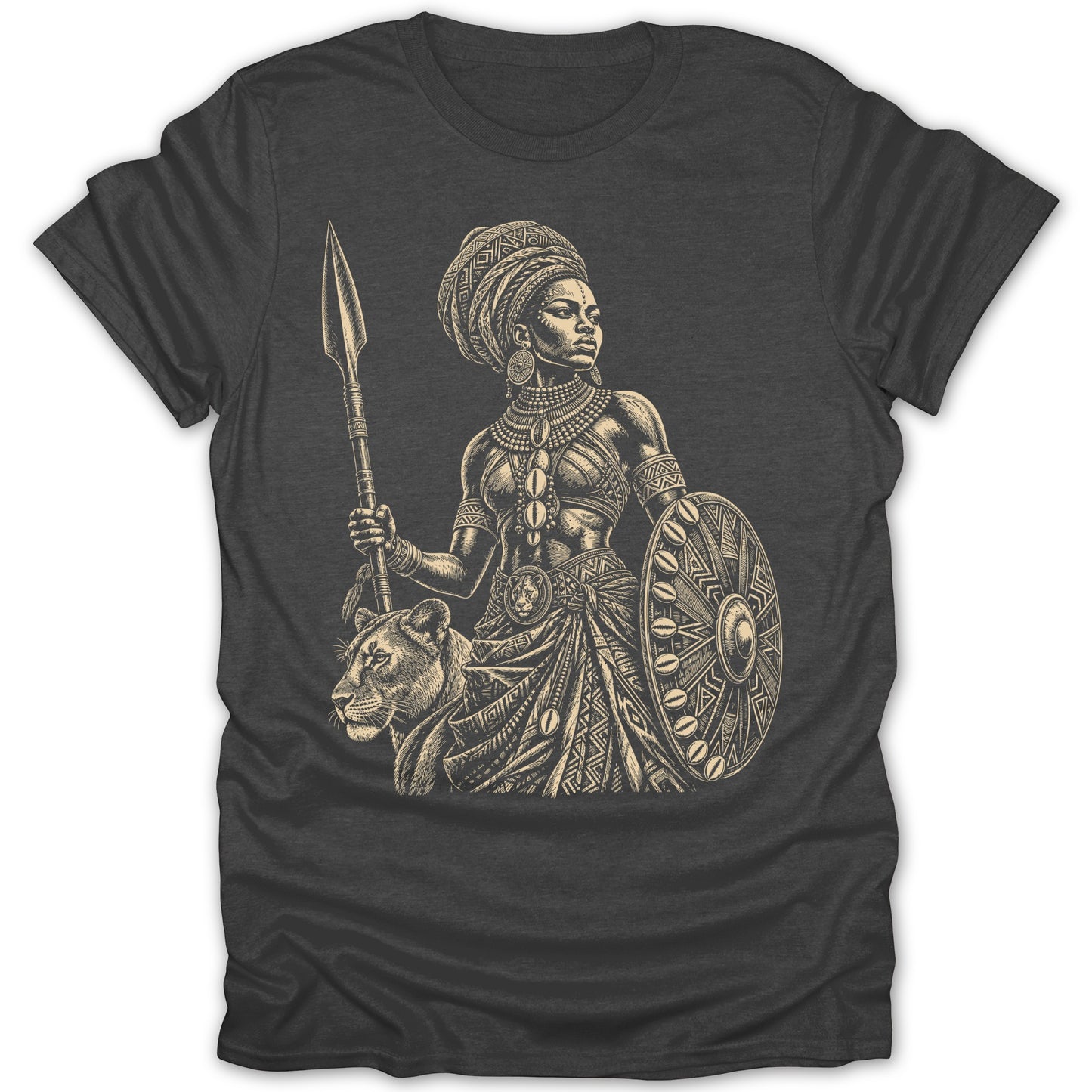 T-shirt displaying illustration of warrior woman with spear, shield, and lion.