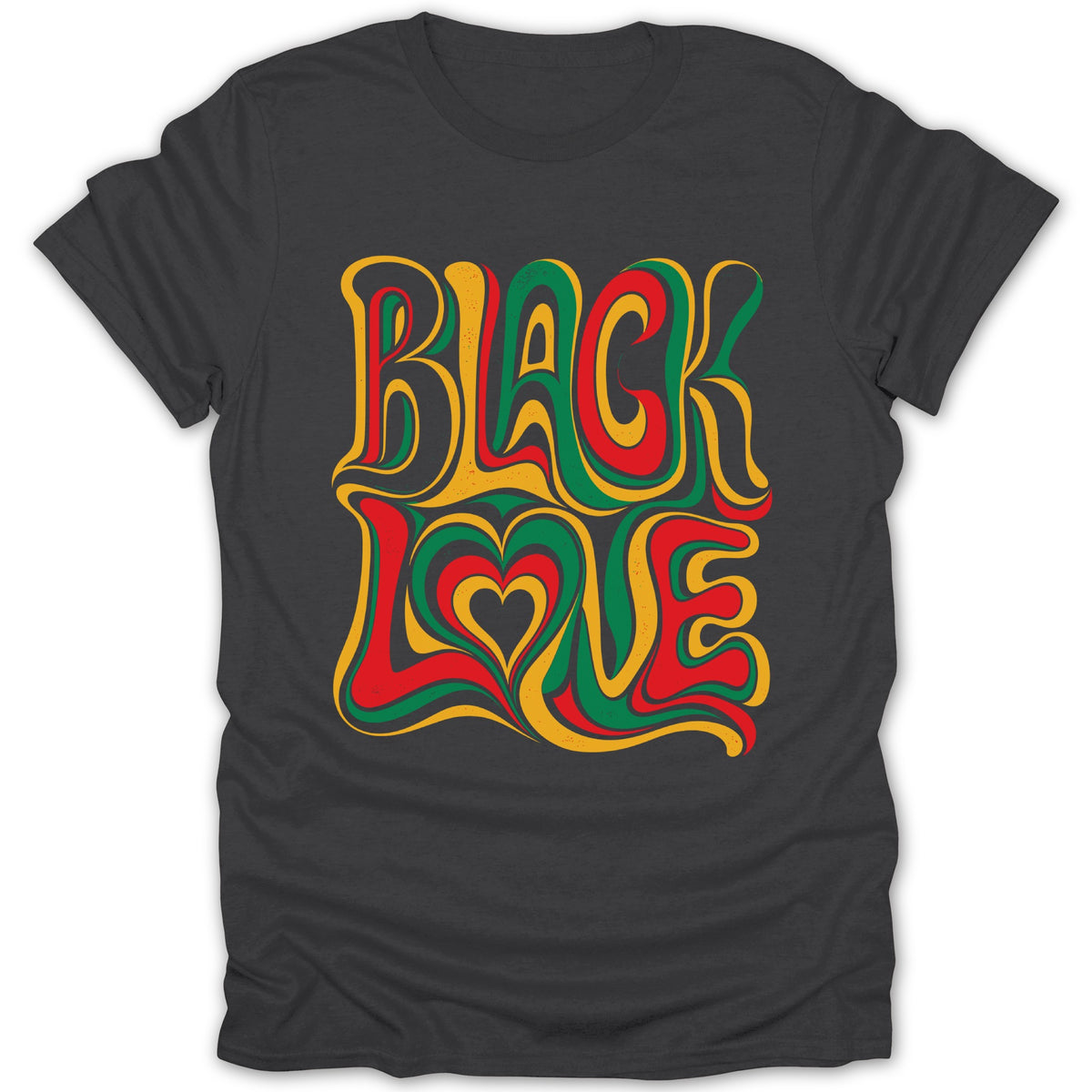 "Black Love" text with a heart in wavy red, yellow, and green font.
