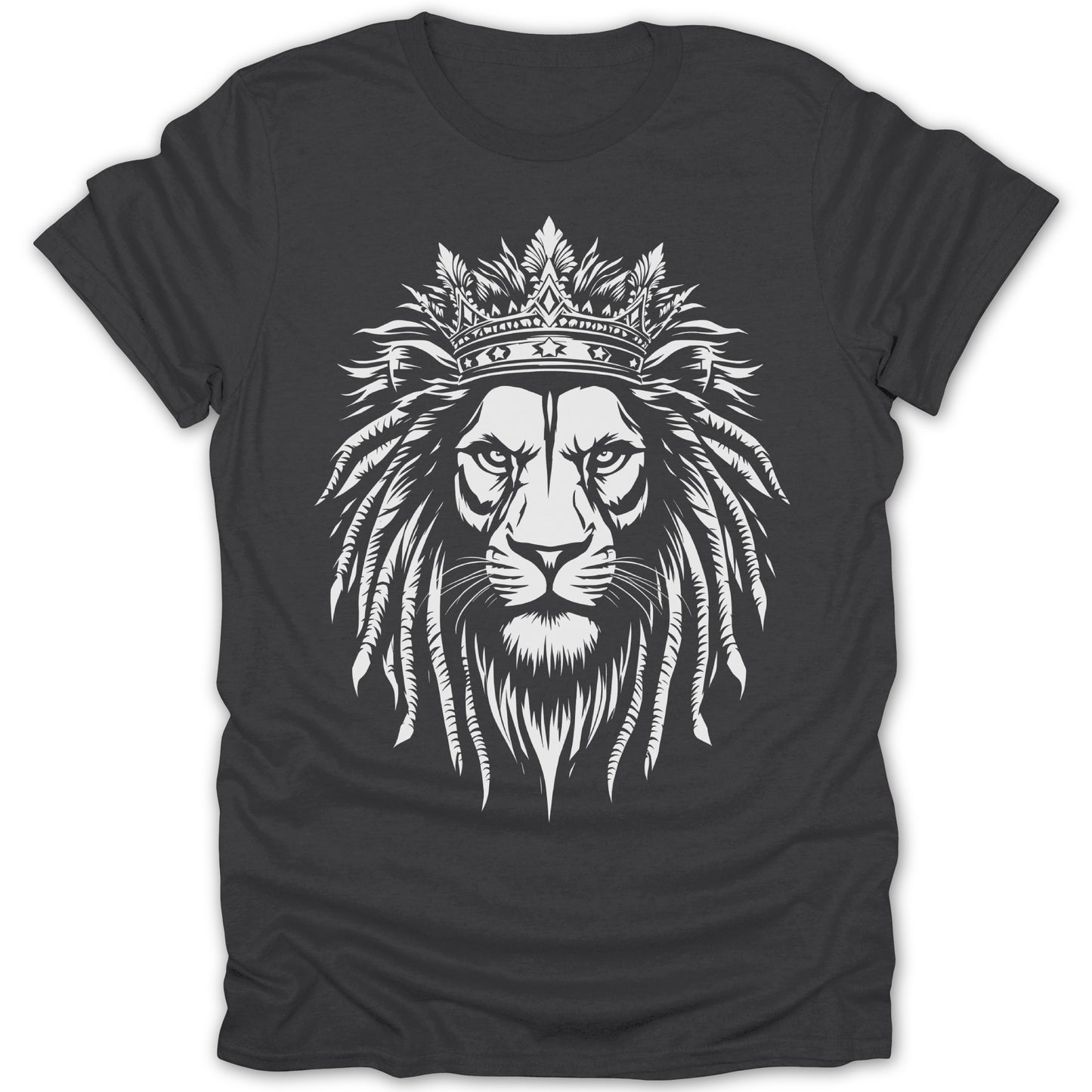 White lion head wearing a crown with flowing mane on a dark t-shirt.