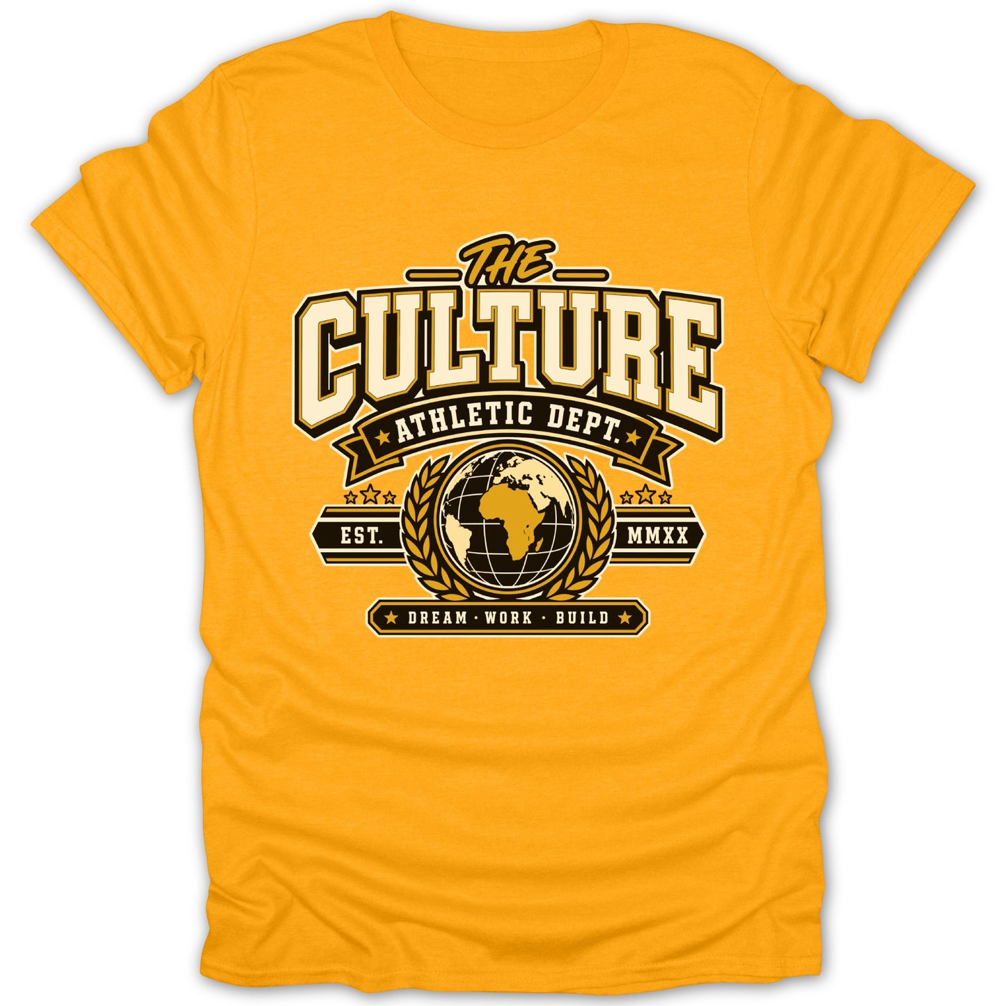 Orange t-shirt with "The Culture Athletic Dept." logo and a globe graphic.
