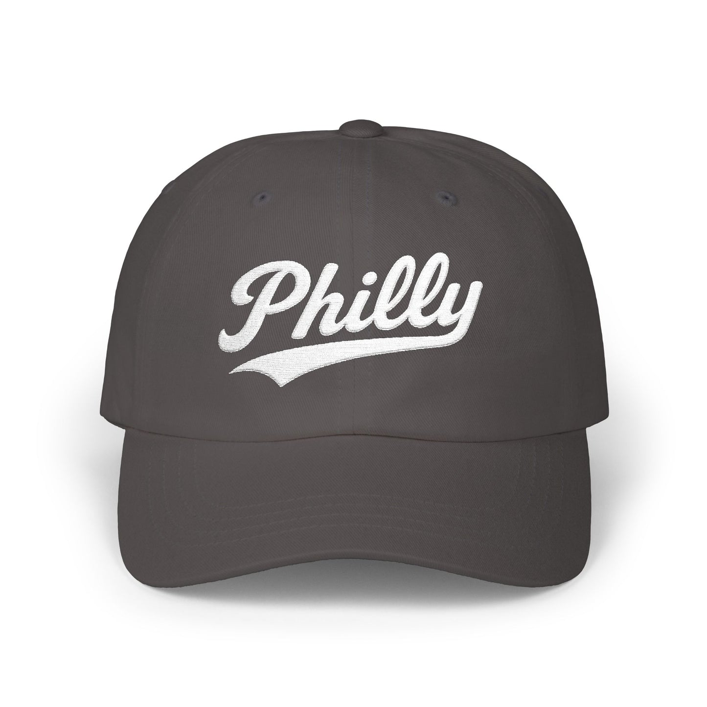 Dark gray baseball cap with "Philly" written in white script.