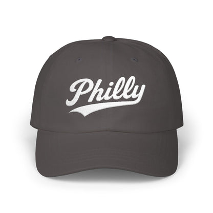 Dark gray baseball cap with "Philly" written in white script.