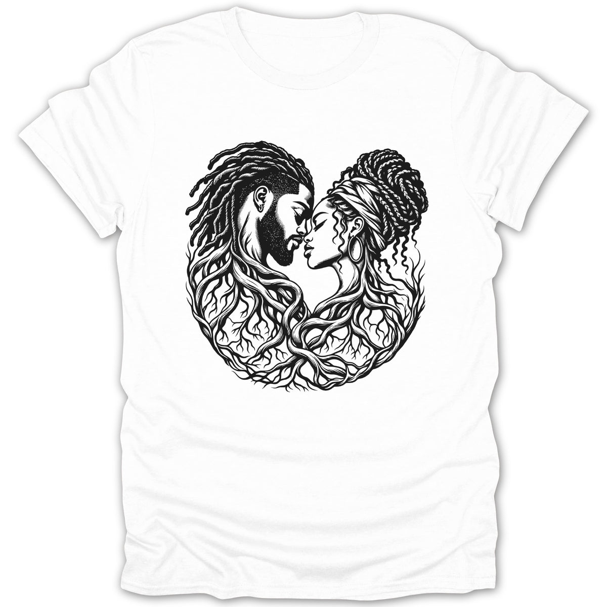 Black and white illustration of a couple's faces intertwined with tree roots.