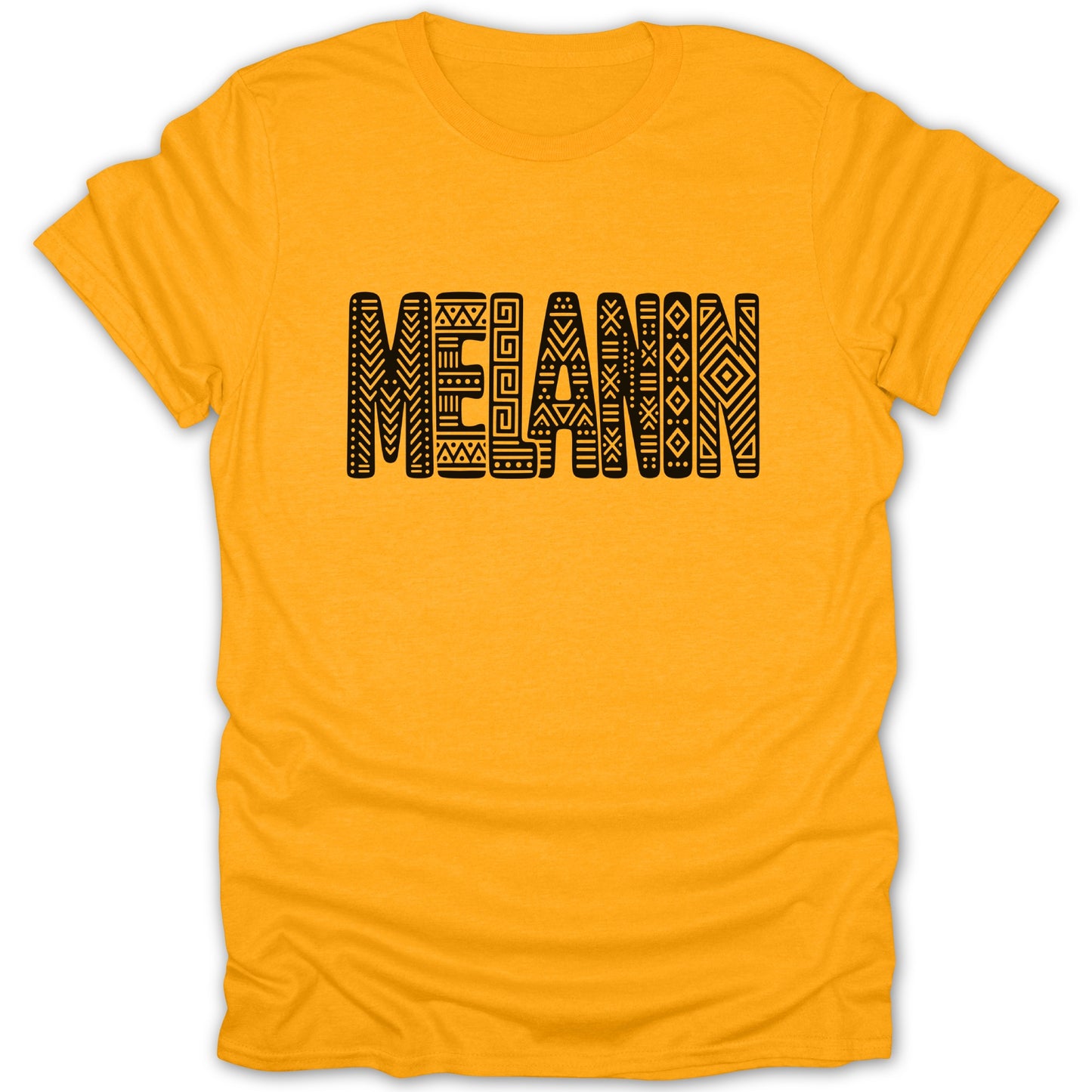 Orange t-shirt with black "MELANIN" text in tribal patterned letters.