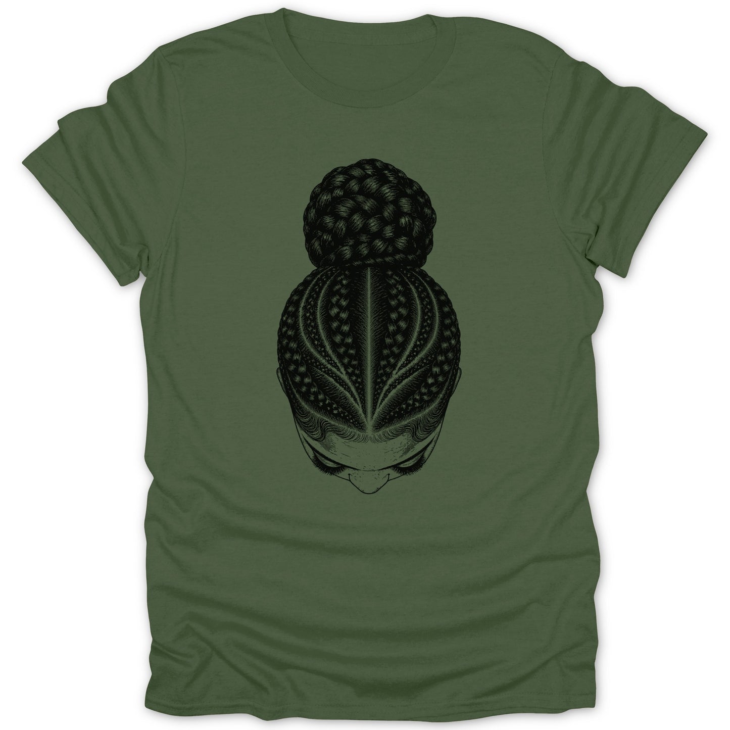 Green t-shirt with a black line drawing of a woman's head with braided hair in a bun.