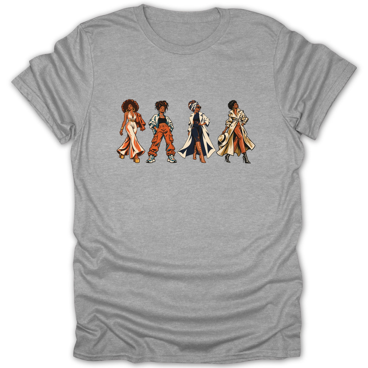 Illustration of four stylish Black women posing in fashionable outfits on a gray t-shirt.