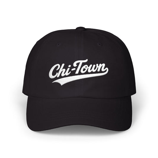 Black baseball cap with "Chi-Town" embroidered in white script.