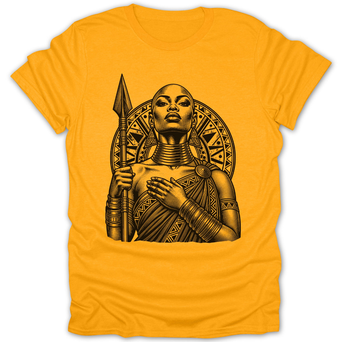 Black and white illustration of a warrior woman holding a spear on a yellow t-shirt.
