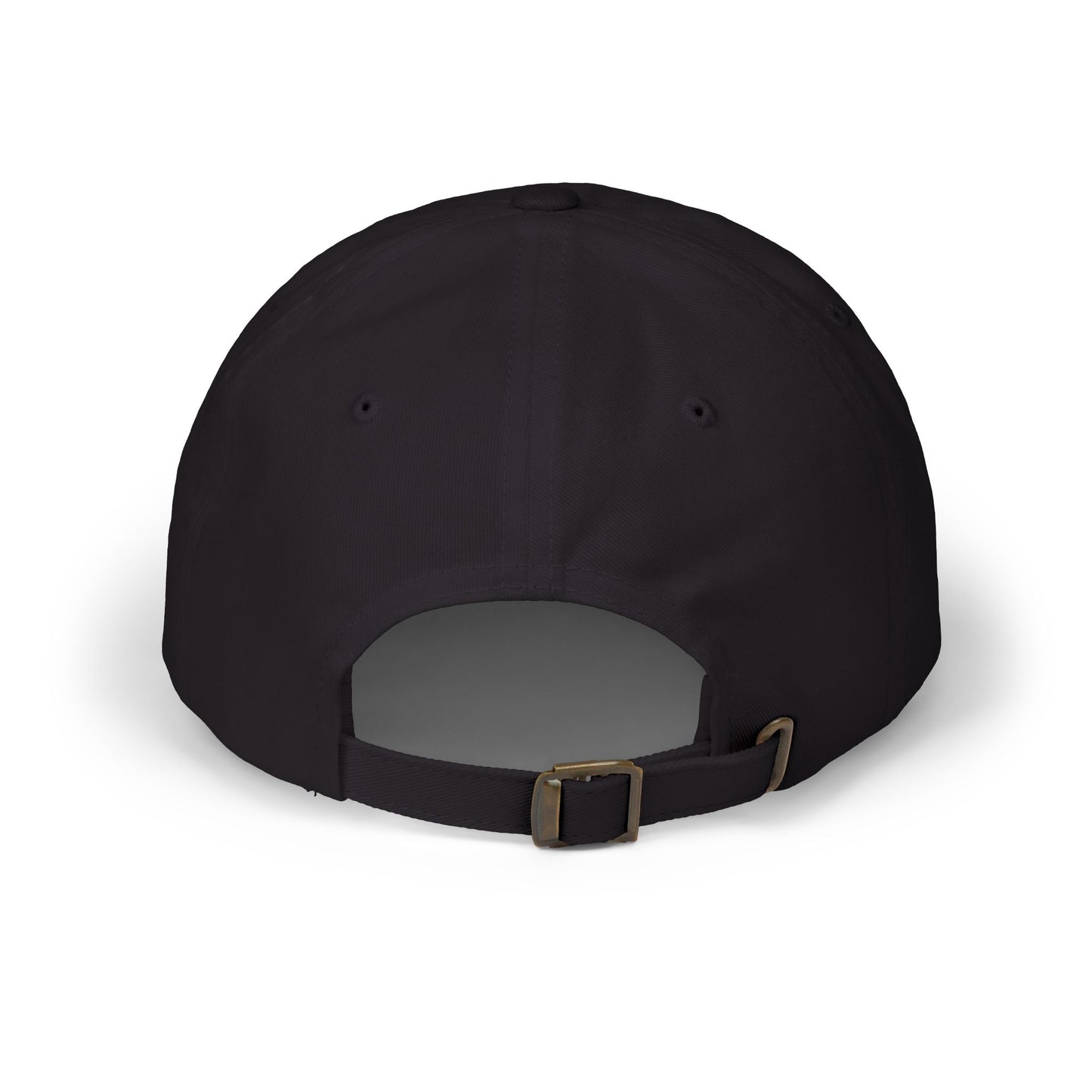 Black baseball cap with adjustable strap and metal buckle, back view.