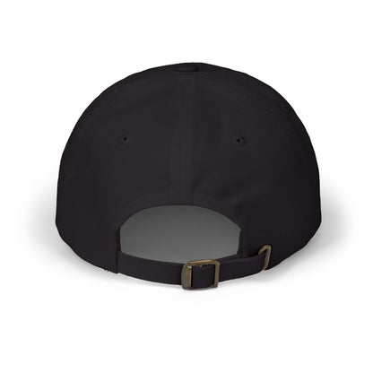 Black baseball cap with adjustable strap and metal buckle, back view.