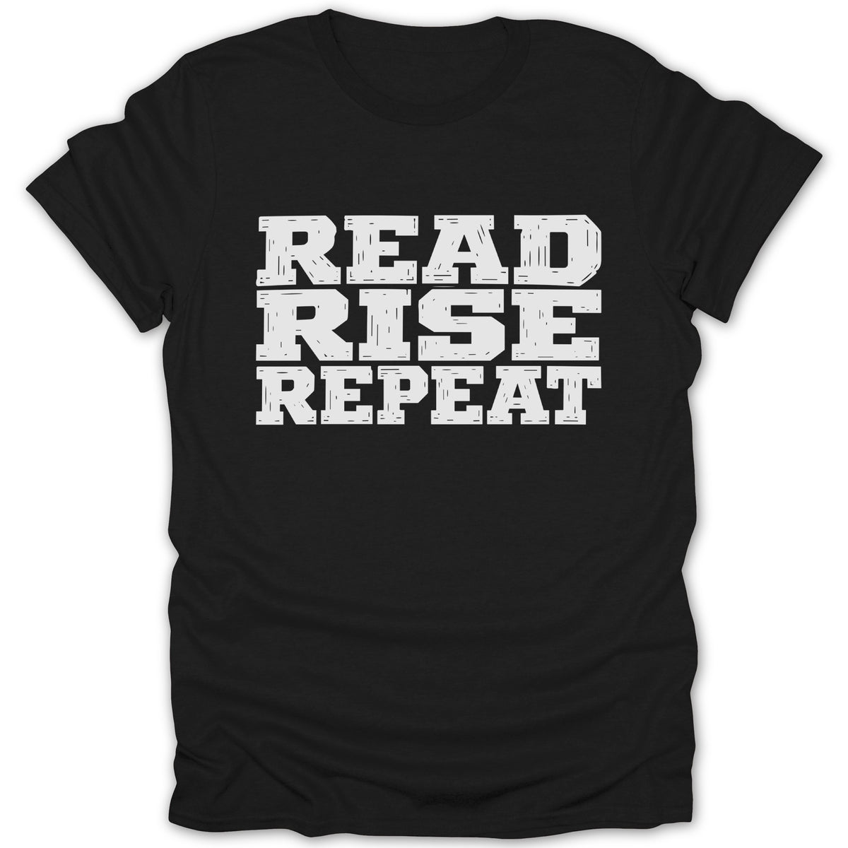 Black t-shirt with white text: READ RISE REPEAT