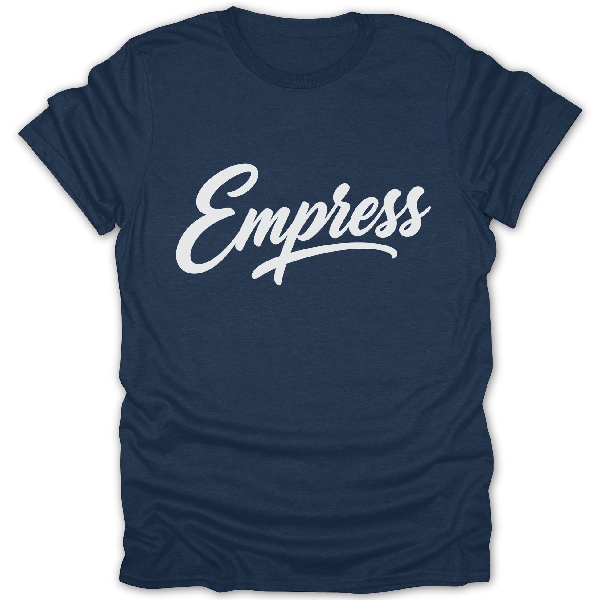 Navy t-shirt with white script text reading "Empress" across the chest.