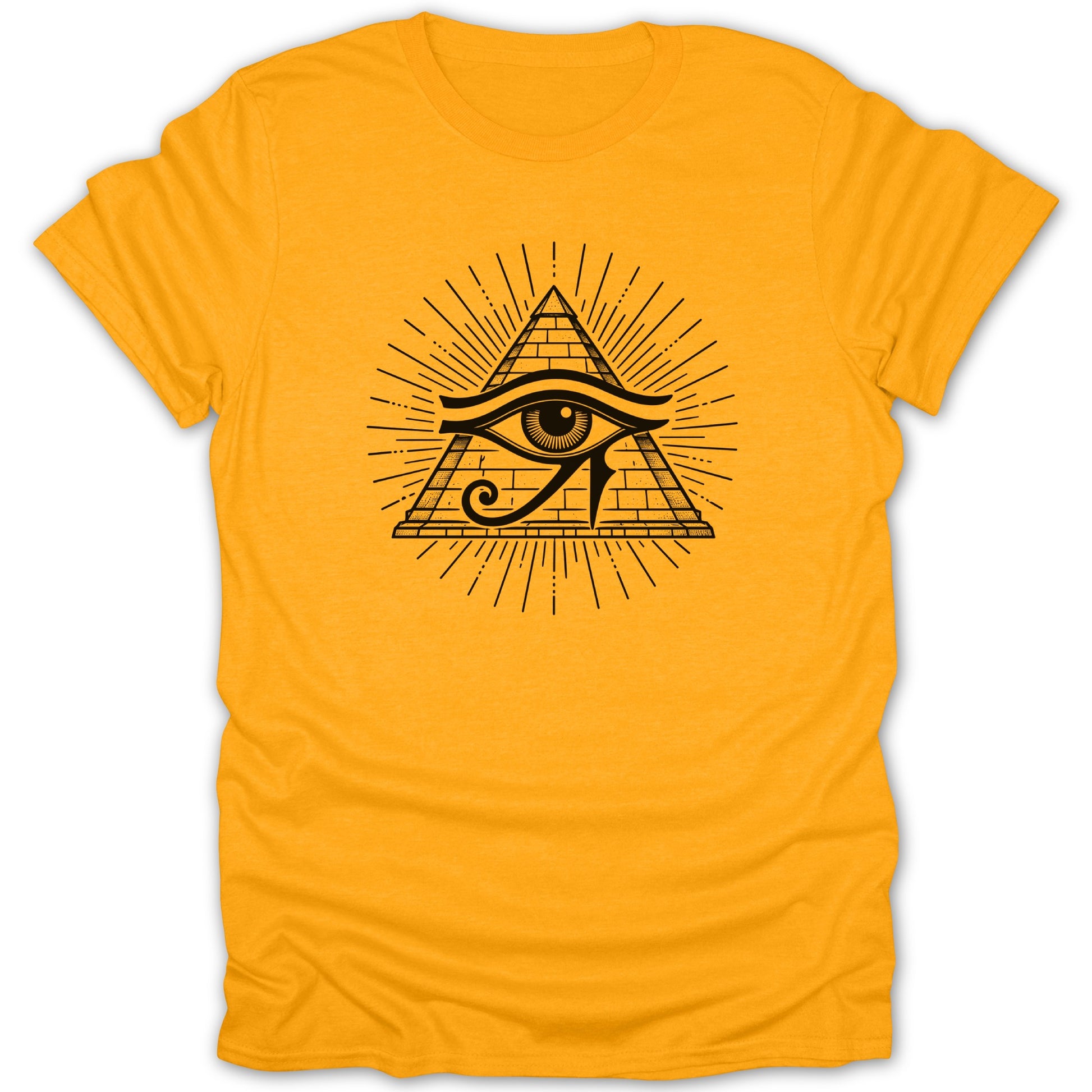 Yellow t-shirt with a black Eye of Horus and pyramid graphic.