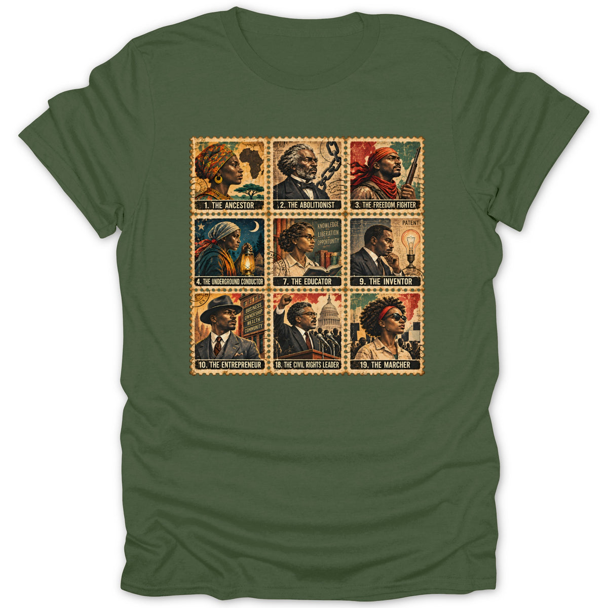 T-shirt with postage stamps featuring Black historical figures: Ancestor, Abolitionist, Freedom Fighter, Conductor, Educator, Inventor, Entrepreneur, Civil Rights Leader, and Marcher.