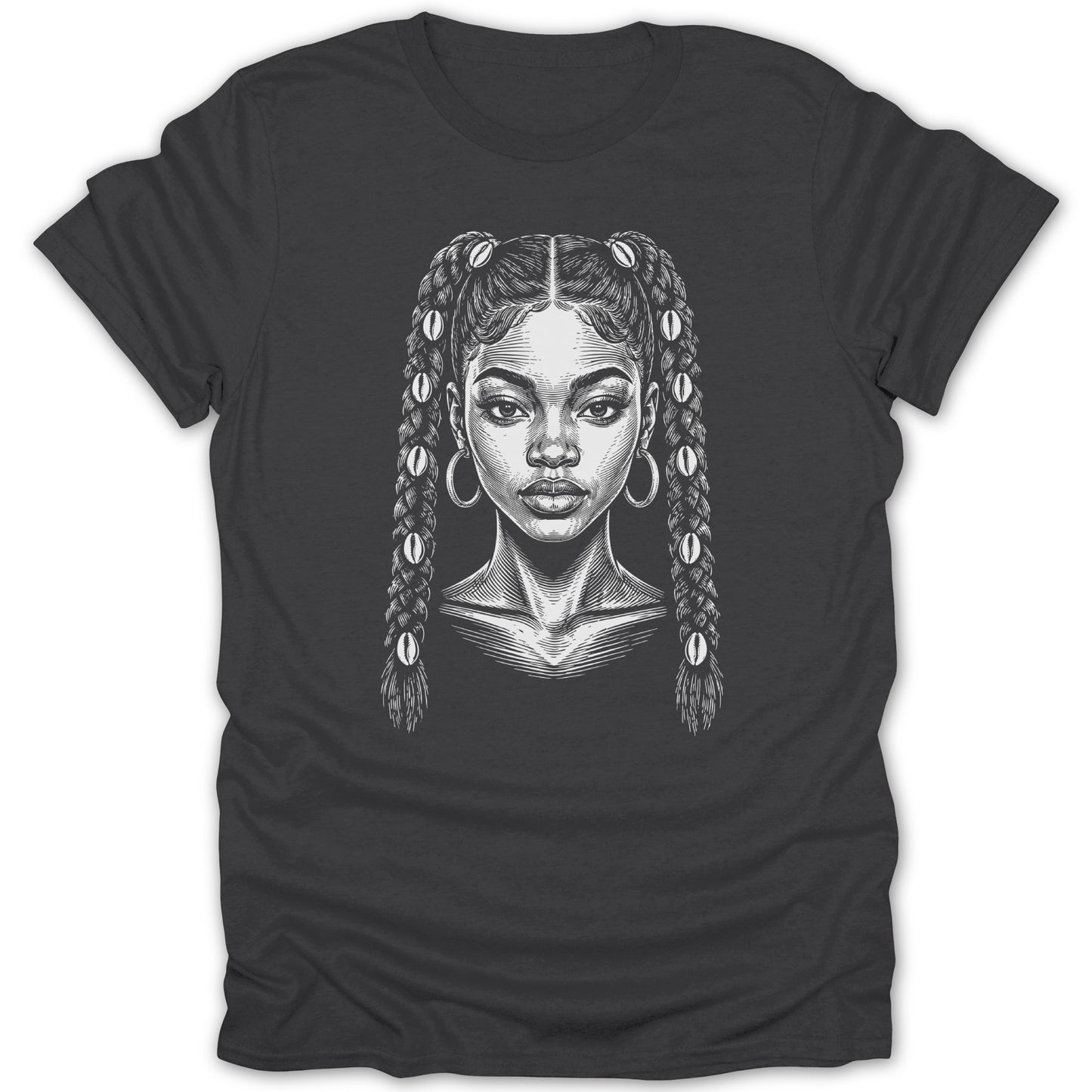Line art portrait of a woman with pigtails and shell adornments on a dark t-shirt.