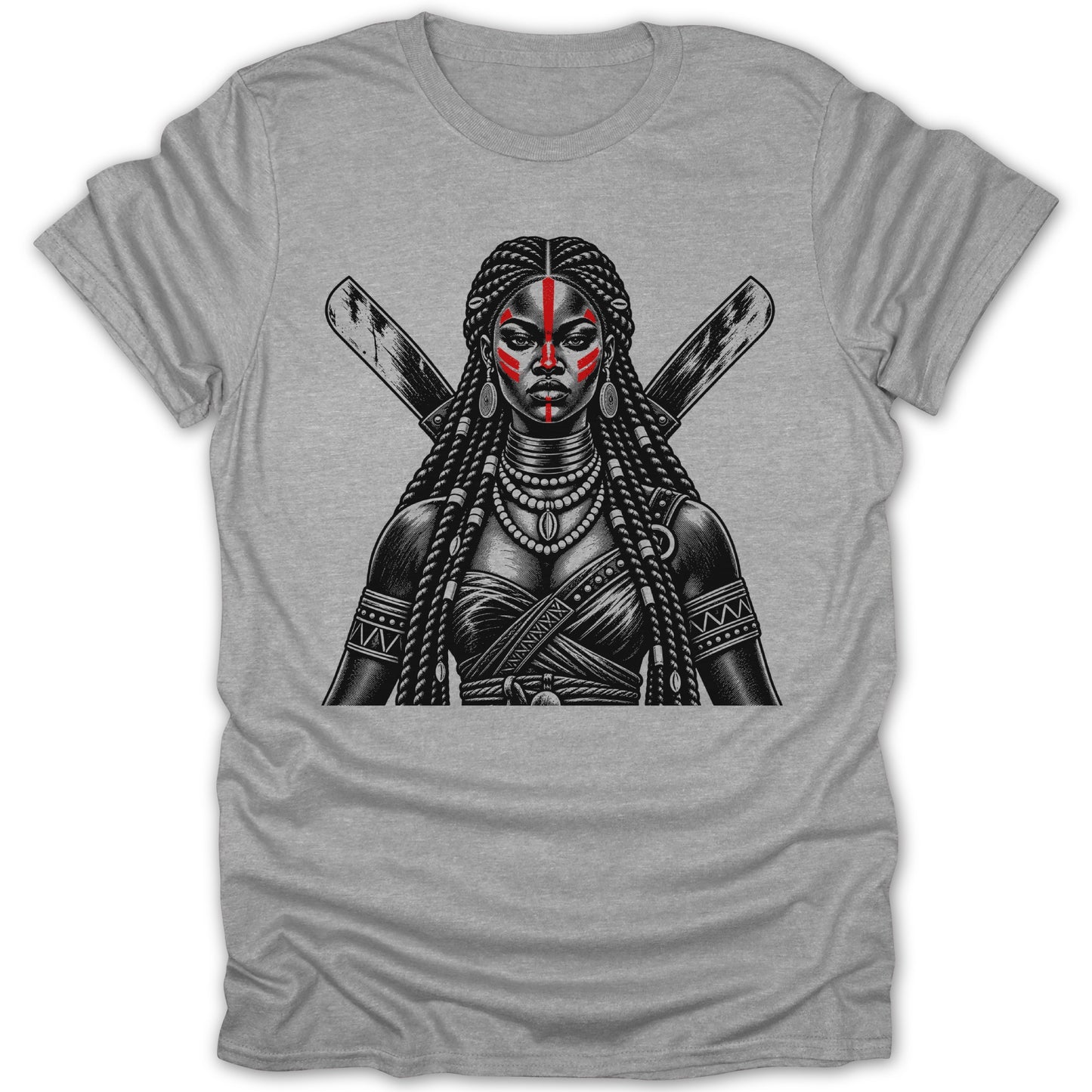 Black and white illustration of a woman with red face paint and braided hair holding crossed wooden sticks.