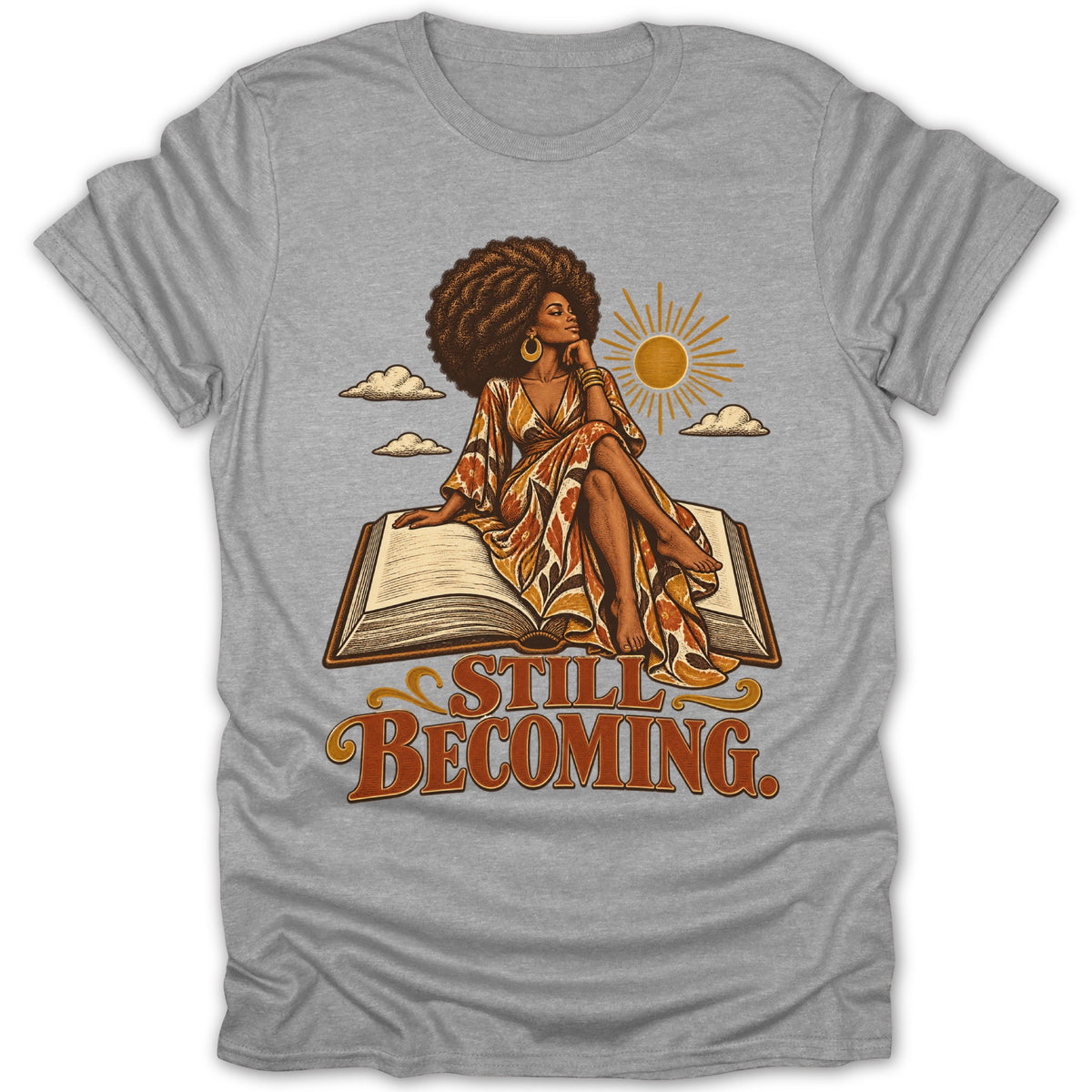 Woman with afro sitting on an open book, text "STILL BECOMING".