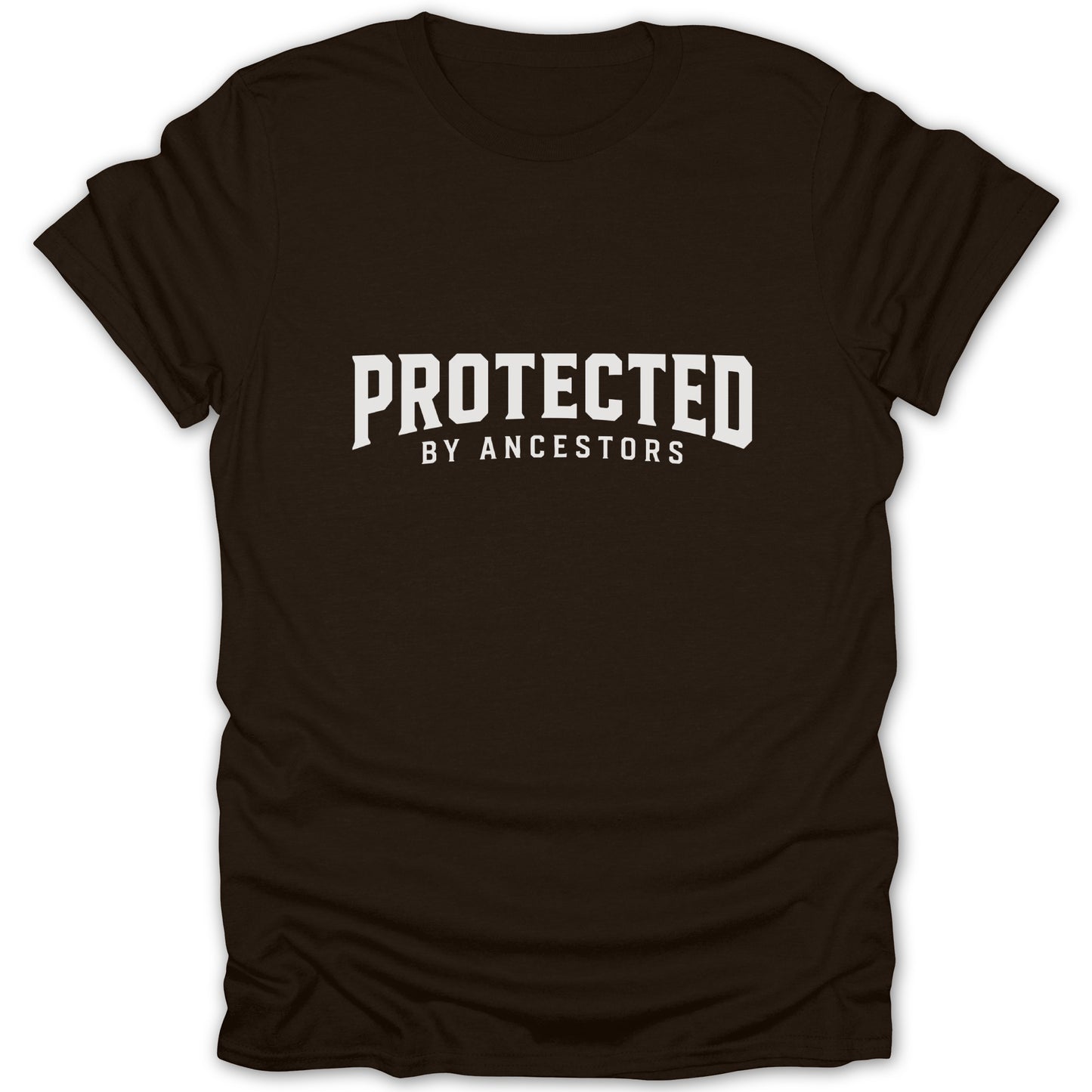 Brown t-shirt with "PROTECTED BY ANCESTORS" text in white.